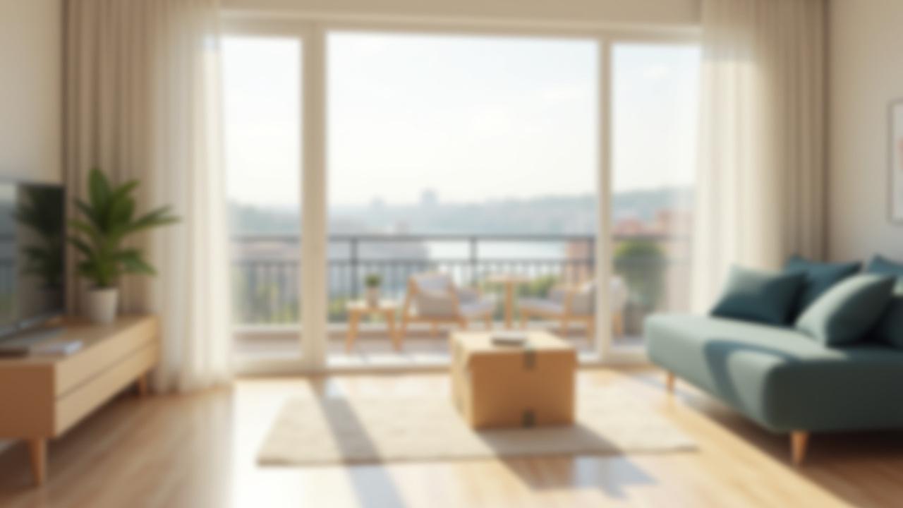 Stilvoll eingerichtetes Wohnzimmer in einer modernen Wohnung in Zaragoza mit Blick auf die Stadt, symbolisiert den Traum vom neuen Zuhause.