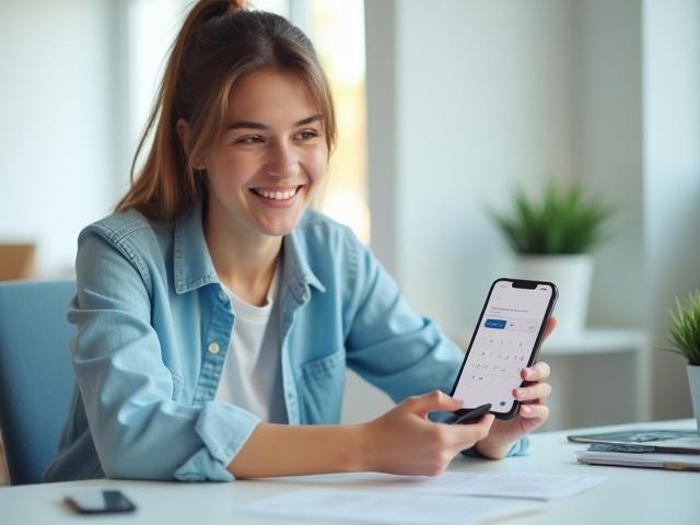 Illustration einer Person, die ihre Finanzen übersichtlich regelt und ein Smartphone mit einer Kreditrechner-App nutzt, im Hintergrund ein Kalender mit Monatsenden-Markierungen.